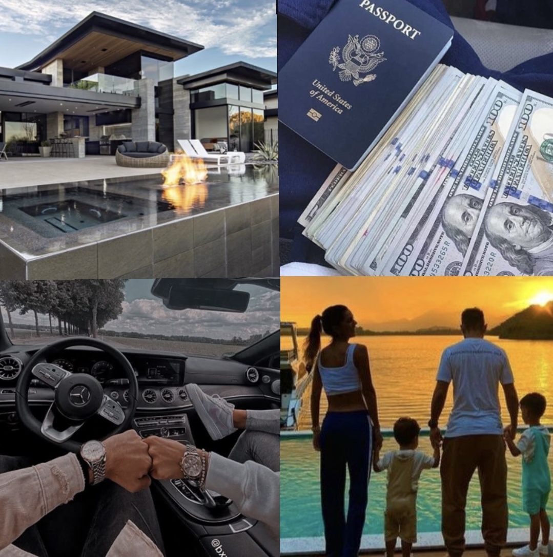 Imagem mostrando prosperidade - casa luxuosa, dinheiro, carro de luxo e família feliz